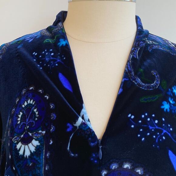 Oscar De La Renta VELVET Paisley Zip Vneck Pocket Maxi Nightgown Sleep Blue sz L - Picture 4 of 10